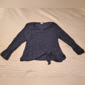 Black and silver Juicy Couture xl bell sleeve pinstripe blouse with tie front